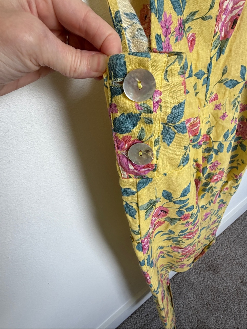 MABLE Yellow Floral Linen Jumpsuit with Pink Roses and Green Leaves - Picture 4 of 6